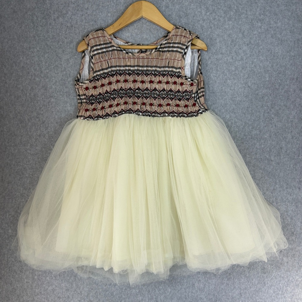 Burberry London Smocked Check Tulle‎ Party Dress Beige Cream Girls Size 4 / 5